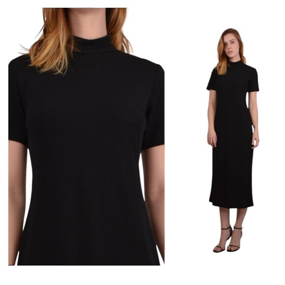 90's Talbots Minimalist Mock Neck Midi Dress Black M - Picture 2 of 6